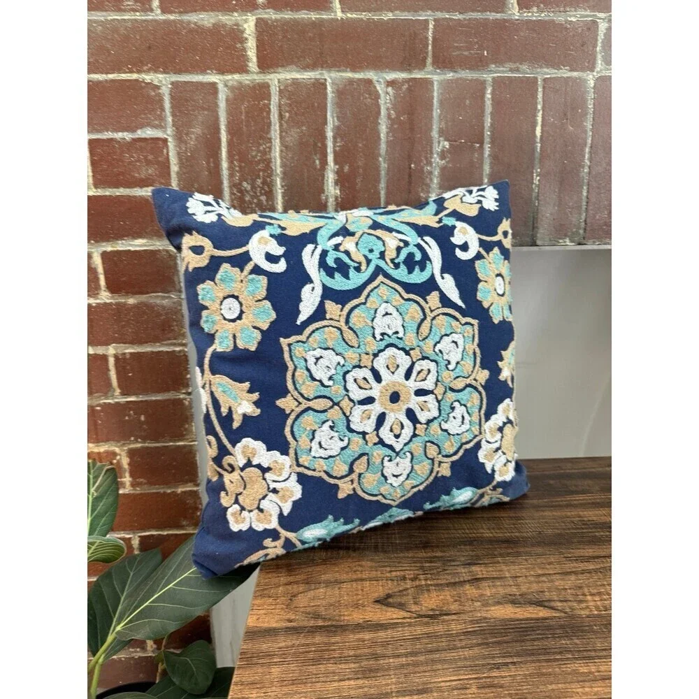 Blue floral embroidered, throw pillow